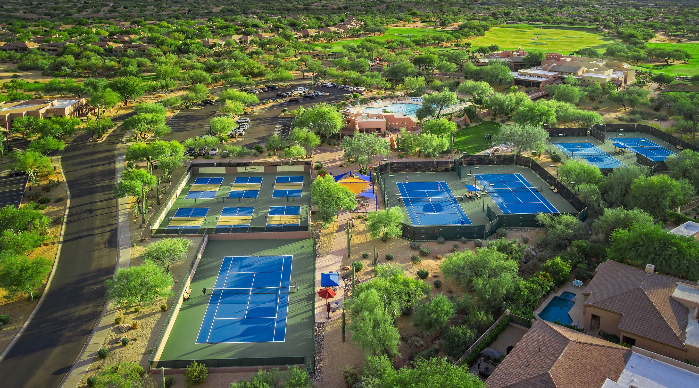 aerial view of tennis courts